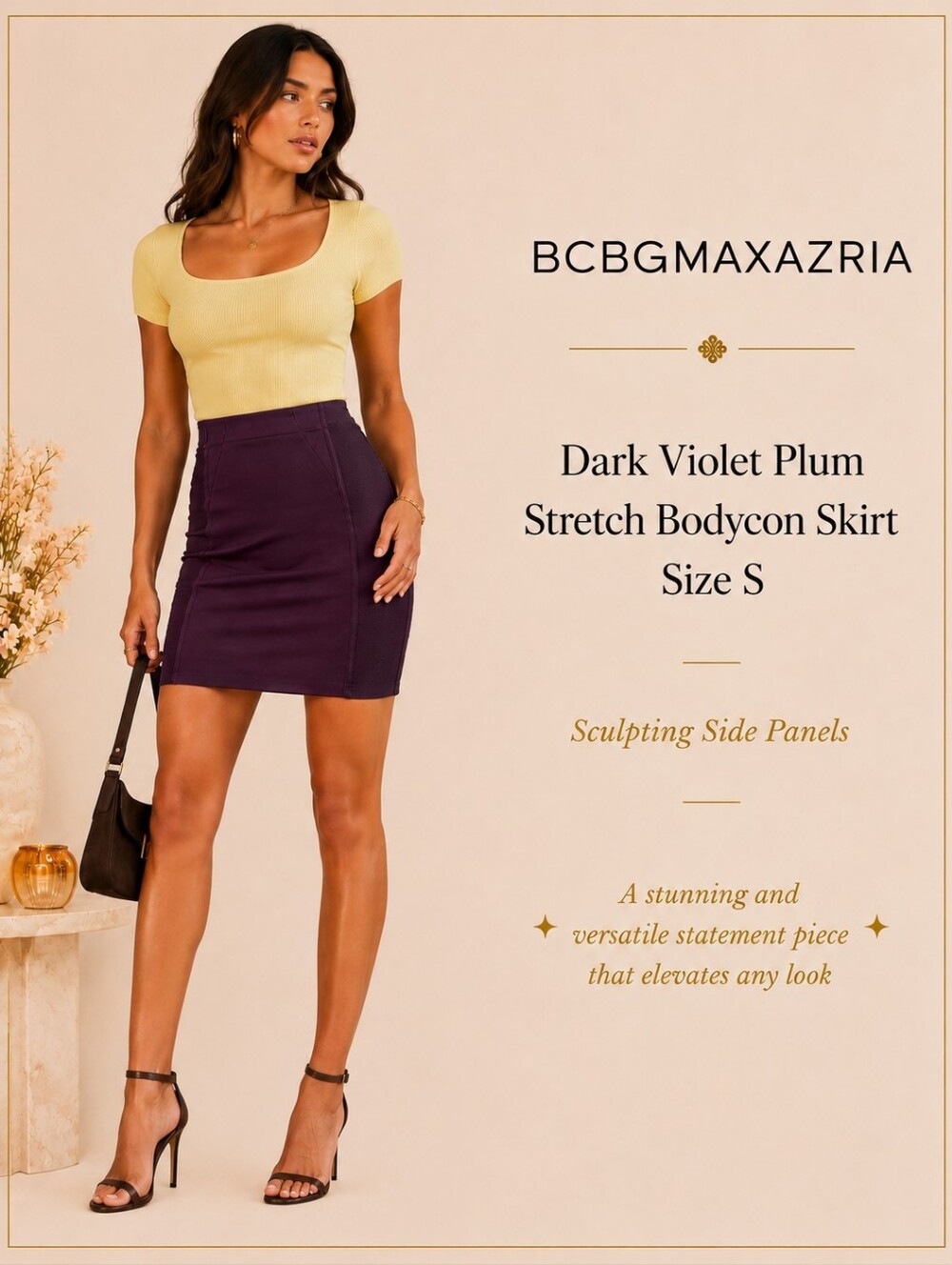 BCBGMAXAZRIA Dark Violet Plum Stretch Bodycon Skirt | Sculpting Side Panels | S